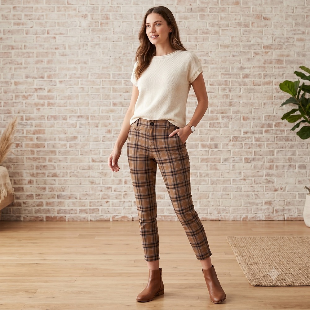 Free People Plaid Trousers Women Size 2 Brown Slim Cropped Size 2